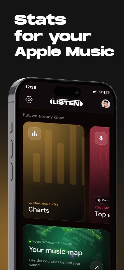 Home screen with charts, top tracks and your music map